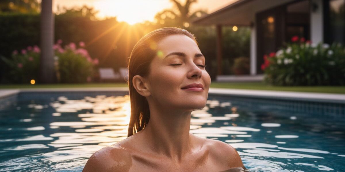 mujer disfrutando de baño en piscina